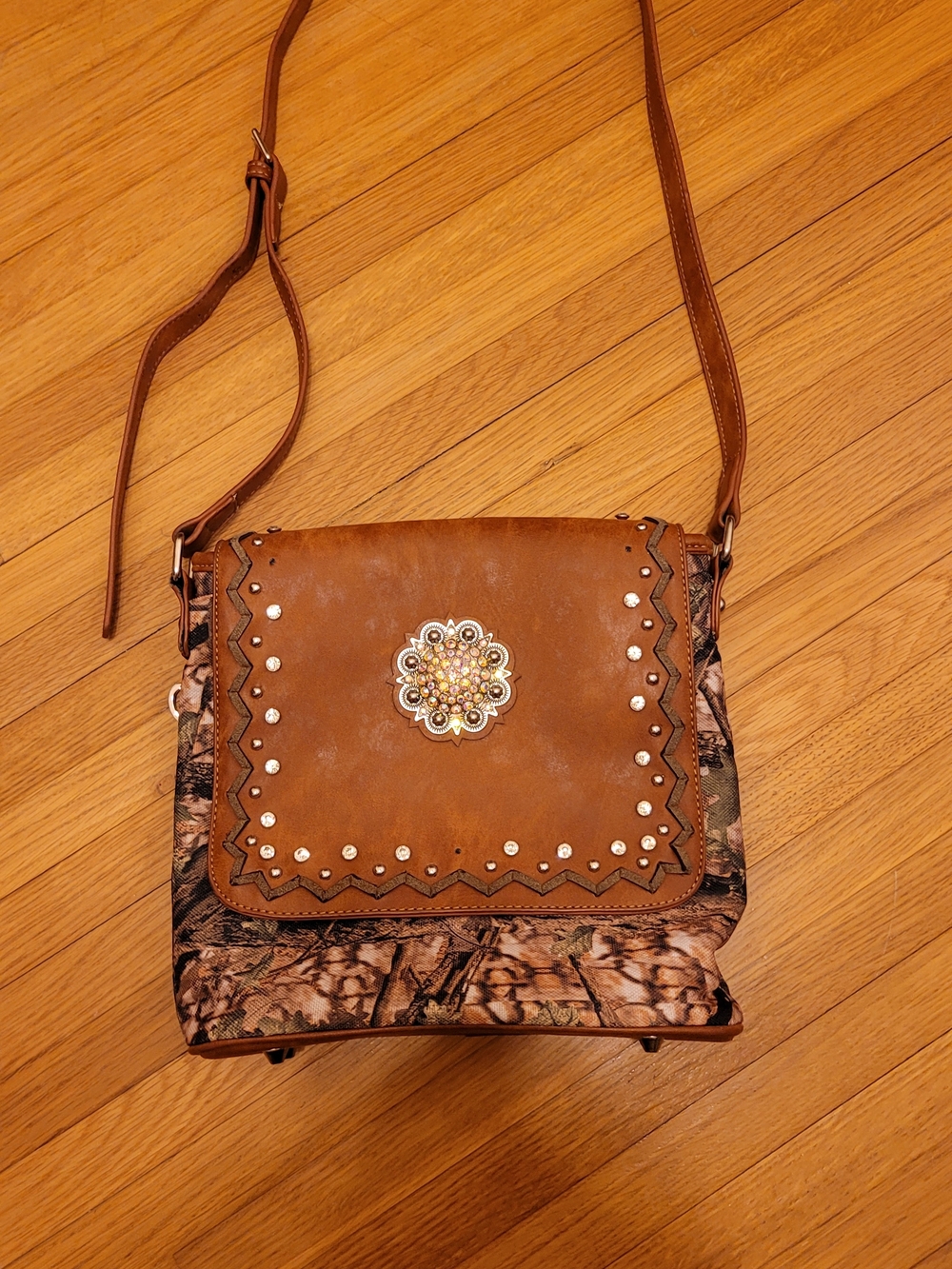 American Bling Brown Floral Medallion Crossbody Bag with Stud Accents
